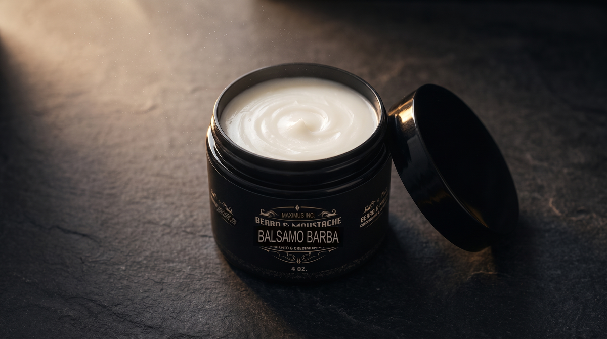 Envase abierto del bálsamo Maximus con textura de crema
