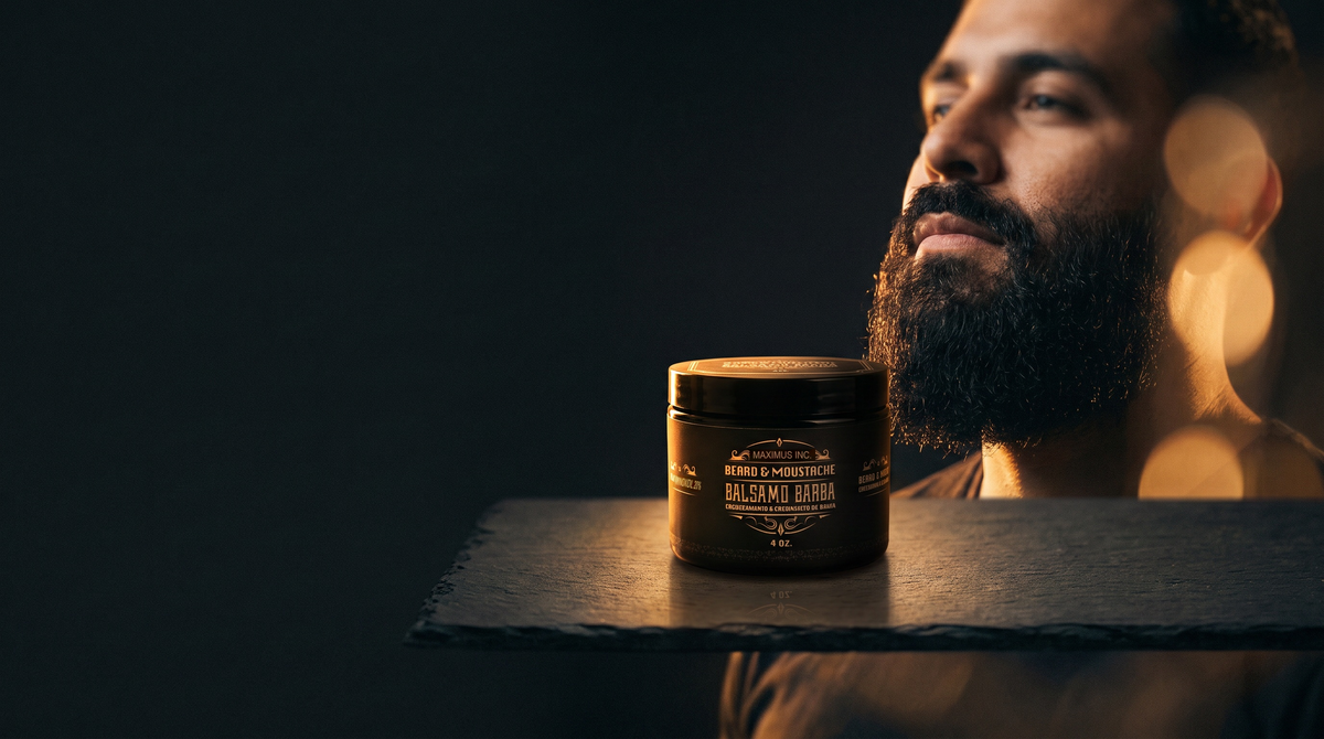 Hombre con barba junto al envase del bálsamo Maximus