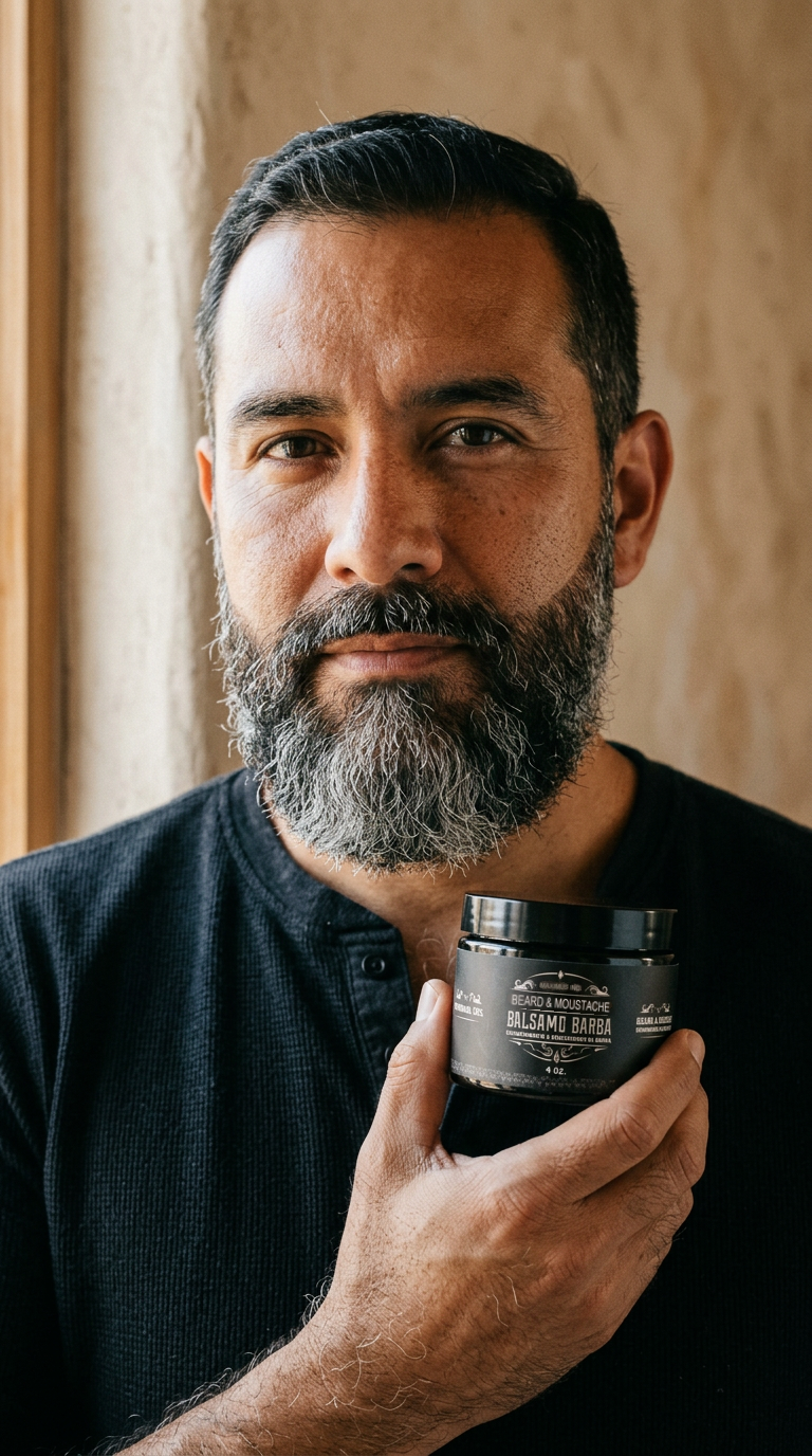 Hombre con barba sosteniendo el envase del bálsamo Maximus