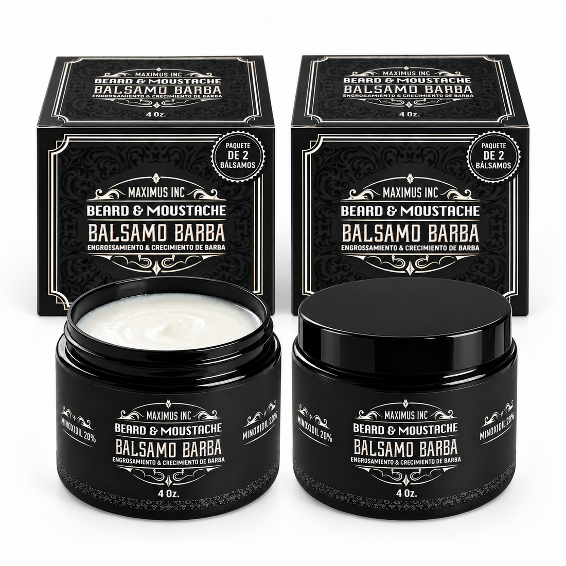 Bálsamo Maximus Inc con Minoxidil 20% para barba y bigote, envase de 4 oz con su caja