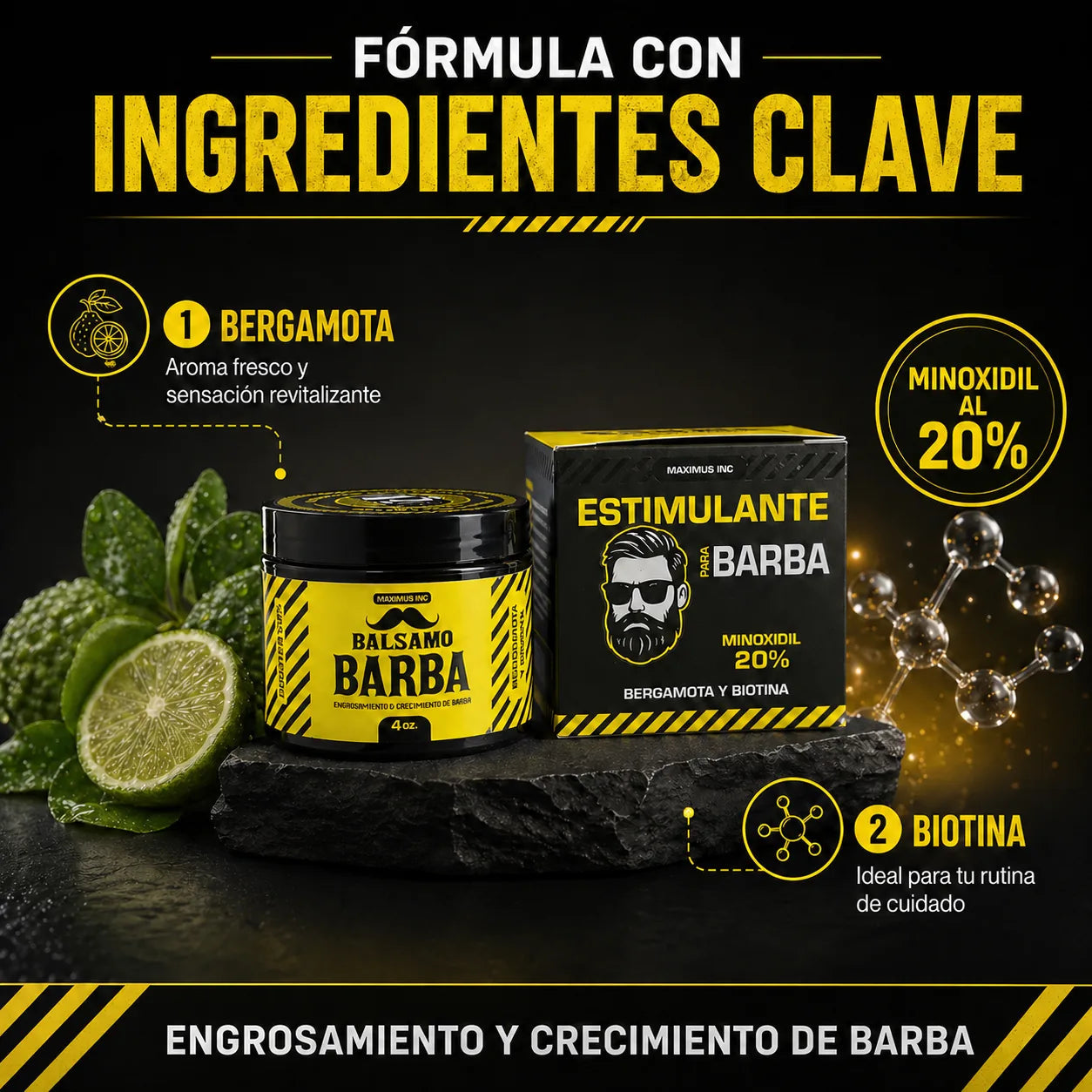 Bálsamo Amarillo con Minoxidil al 20%, bergamota y biotina