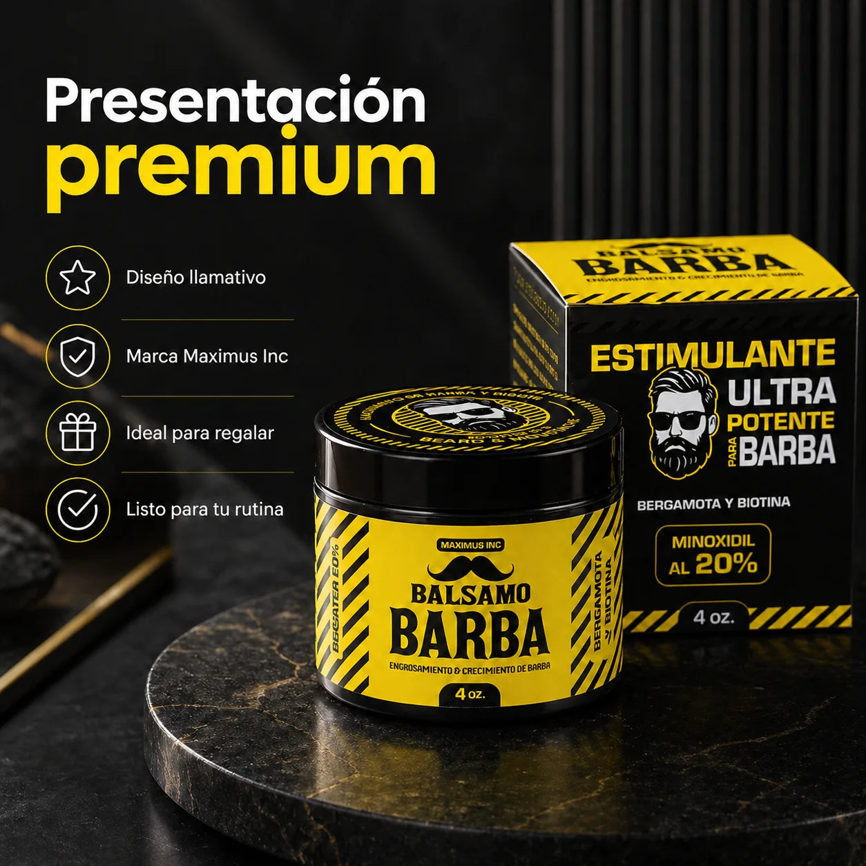 Presentación premium del Bálsamo Amarillo Maximus Inc