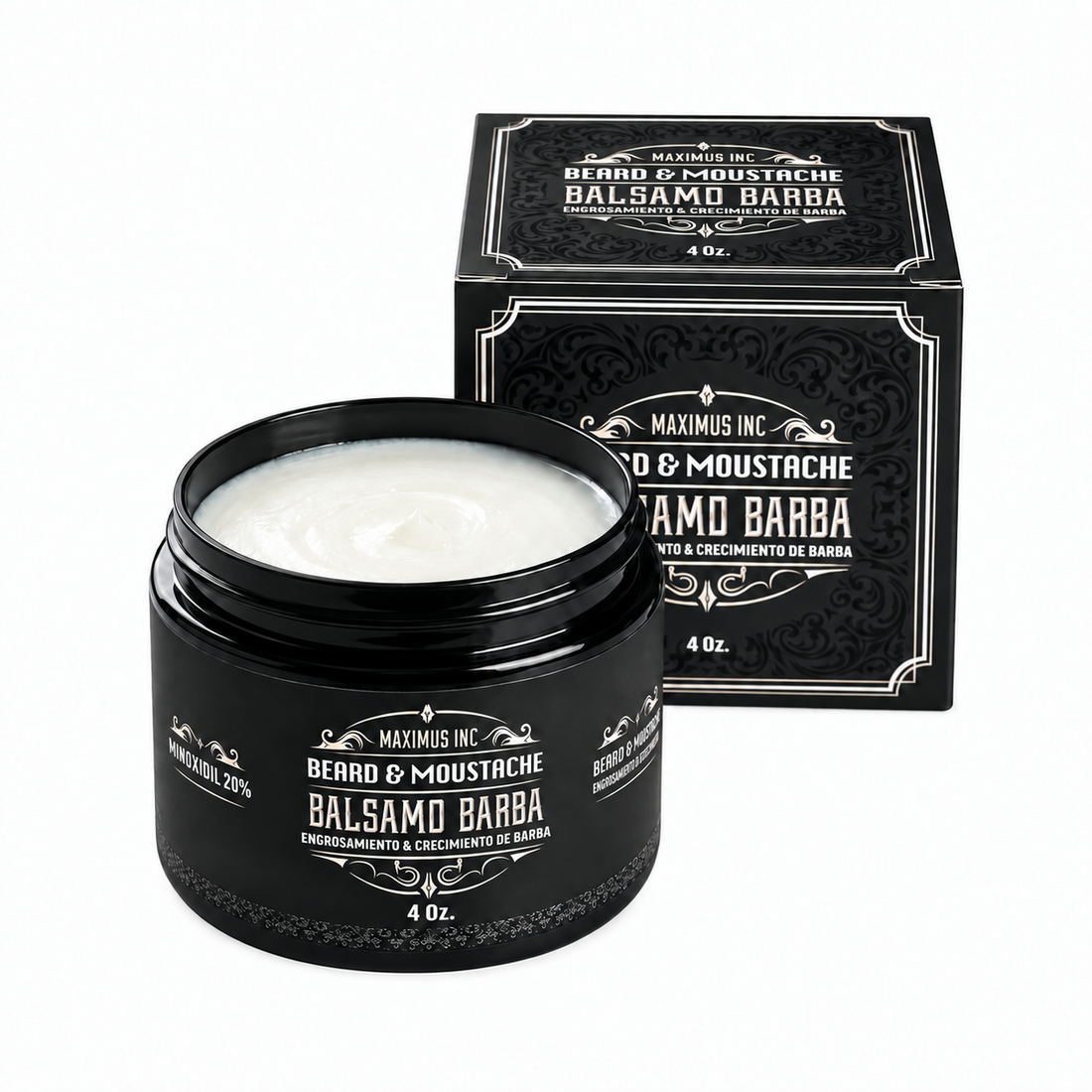 Bálsamo Maximus Inc con Minoxidil 20% para barba y bigote, envase de 4 oz con su caja