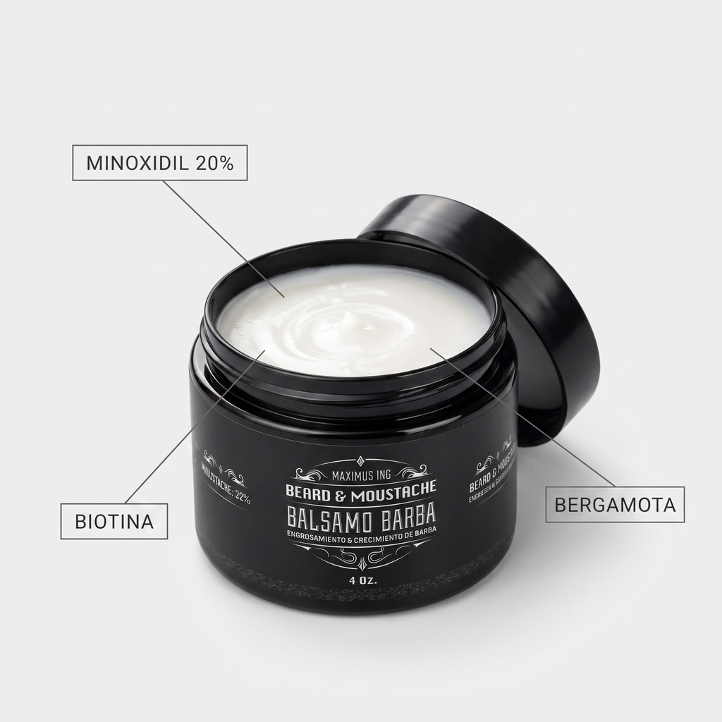 Ingredientes del Bálsamo Maximus con minoxidil al 20%, biotina y bergamota