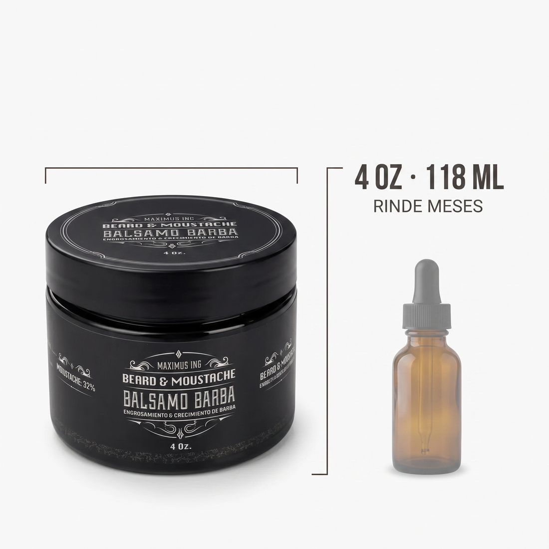 Tamano real del Balsamo Maximus 4 oz 118 ml comparado con un gotero