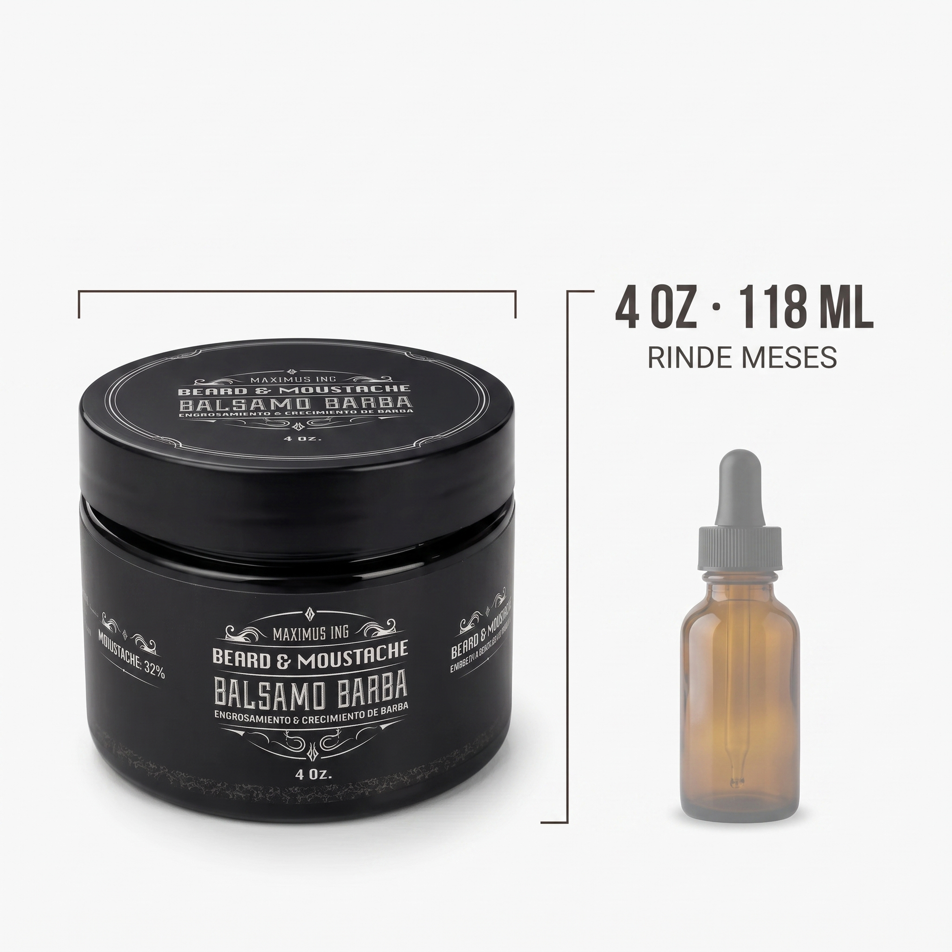 Tamano real del Balsamo Maximus 4 oz 118 ml comparado con un gotero