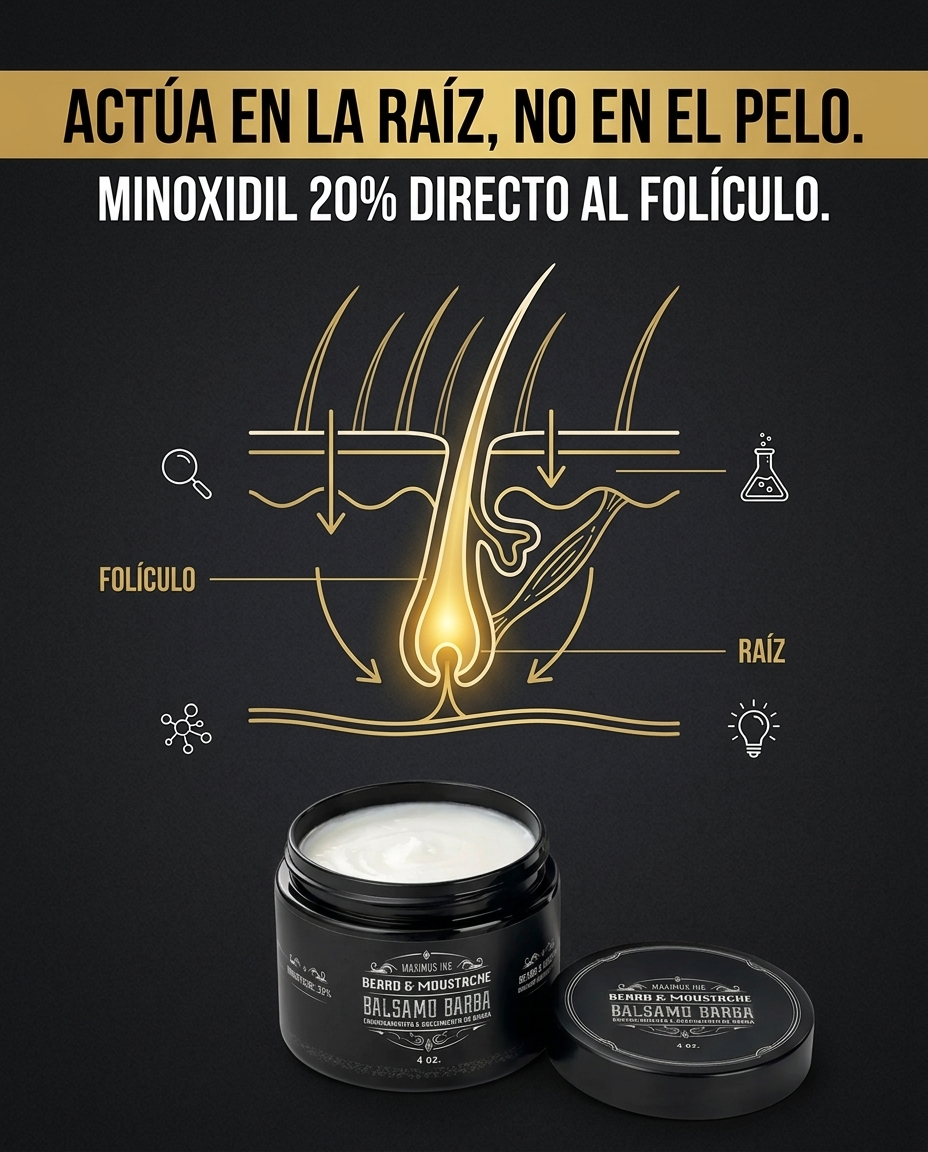 El minoxidil al 20% actúa en la raíz y el folículo, no sobre el pelo