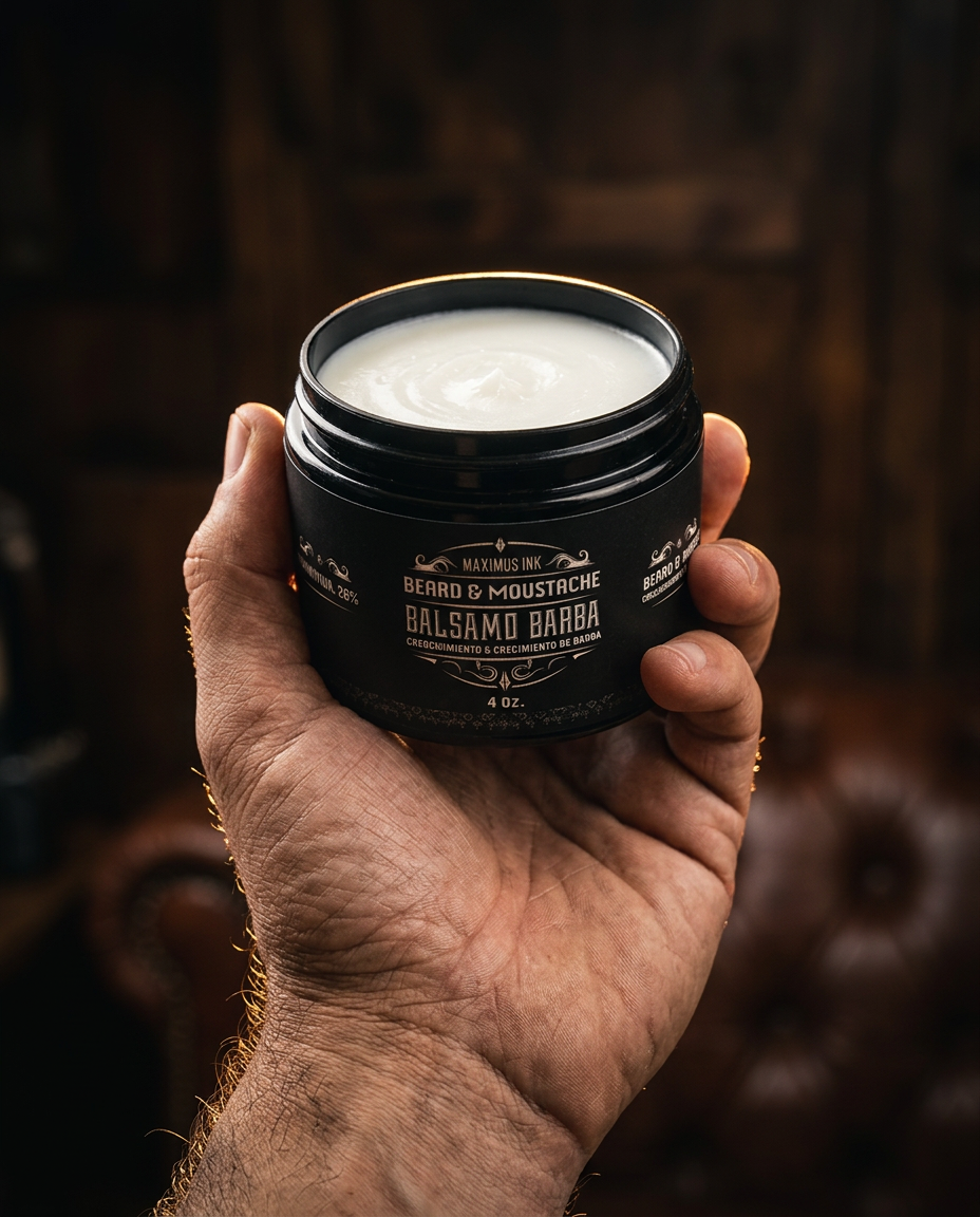 Bálsamo Maximus de 4 oz sostenido en la mano para ver el tamaño real del envase