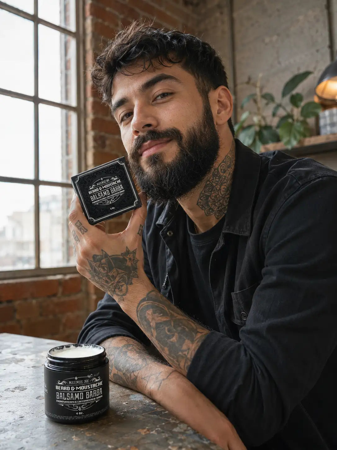 Hombre tatuado con el envase del bálsamo junto a su barba