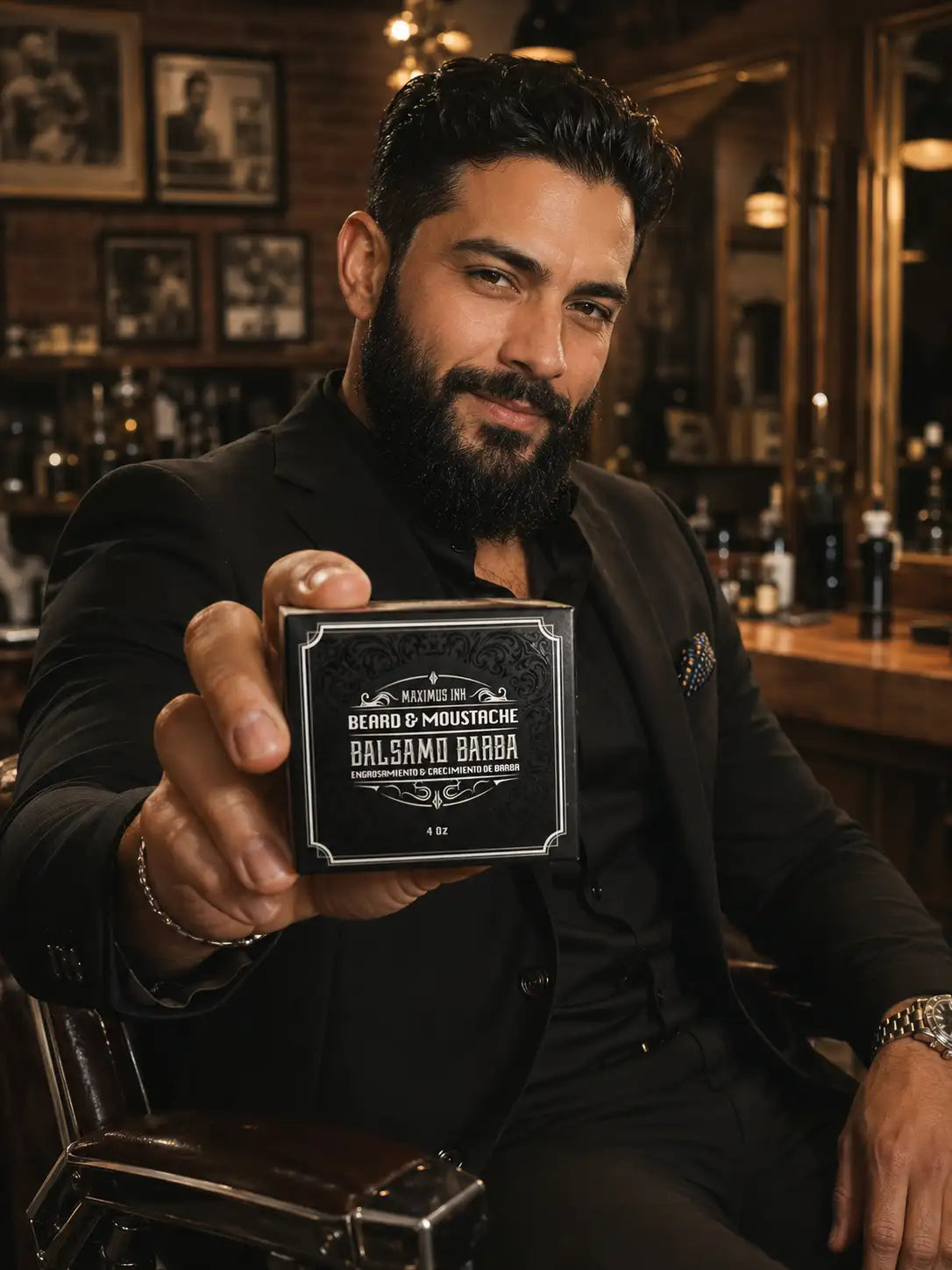 Hombre con barba mostrando el envase del bálsamo Maximus