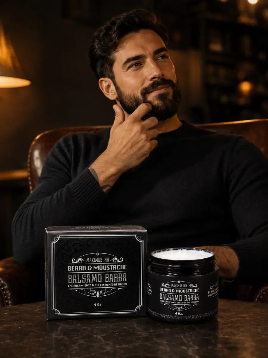 Hombre pensativo tocándose la barba, con el bálsamo sobre la mesa