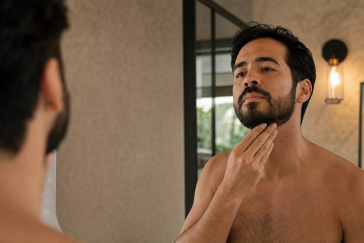 Hombre revisando su barba durante su rutina diaria